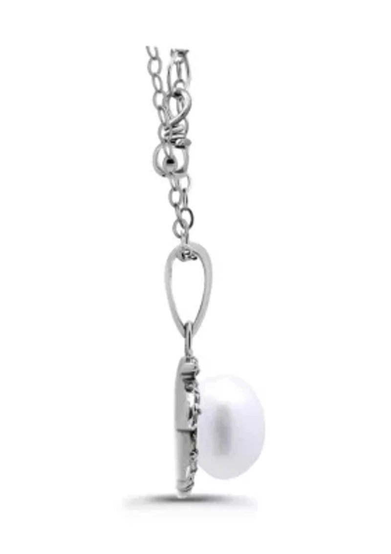 Freshwater Pearl with Pave White Topaz Scalloped Halo Sterling Silver Pendant