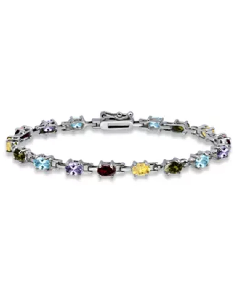 6 5/8 Cttw 6X4 Oval Blue Topaz, Peridot, Citrine, Garnet & Amethyst 16 Stone Link Bracelet, Sterling Silver, DS