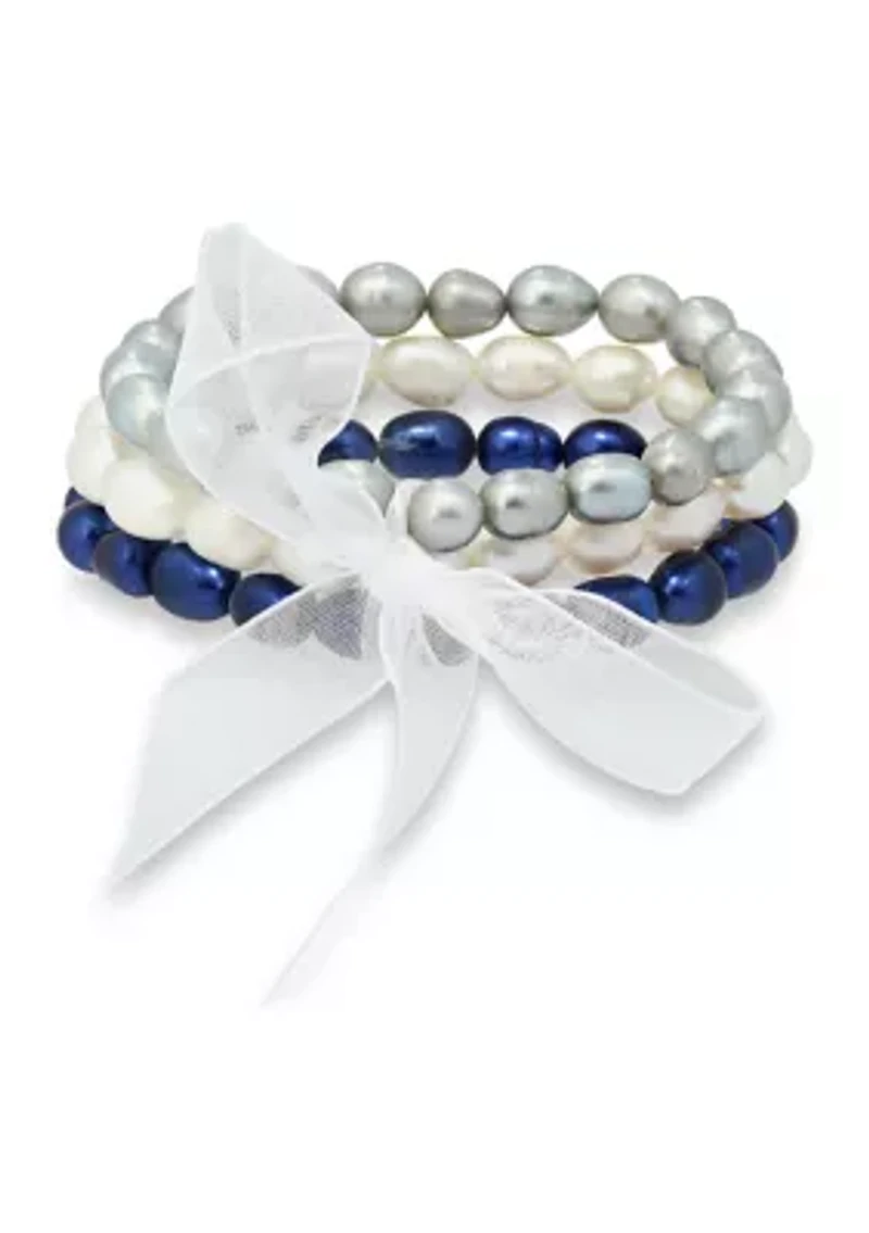 Freshwater Pearl 3-Strand Stretch  Bracelet -White, Grey  Blue