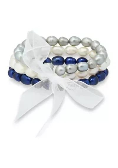 Freshwater Pearl 3-Strand Stretch  Bracelet -White, Grey  Blue