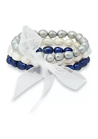 Freshwater Pearl 3-Strand Stretch  Bracelet -White, Grey  Blue