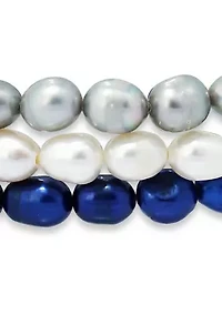 Freshwater Pearl 3-Strand Stretch  Bracelet -White, Grey  Blue