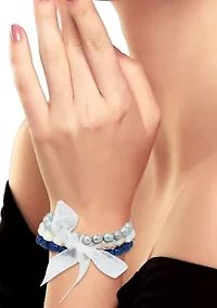 Freshwater Pearl 3-Strand Stretch  Bracelet -White, Grey  Blue