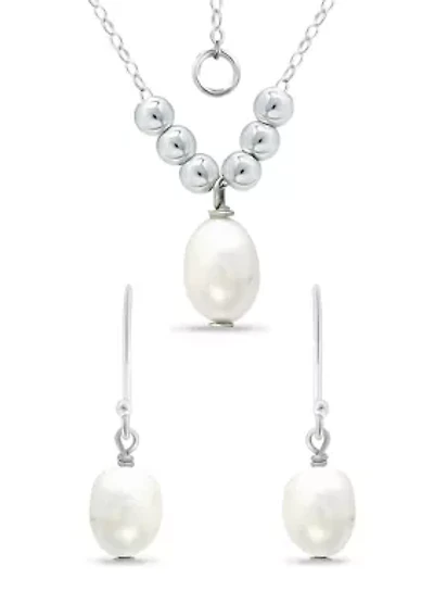 Fresh Water Pearl and Silver Bead Necklace Earring 2-Piece Set in Sterling Silver