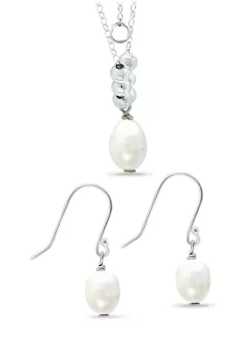 Fresh Water Pearl and Silver Bead Necklace Earring 2-Piece Set in Sterling Silver
