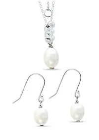 Fresh Water Pearl and Silver Bead Necklace Earring 2-Piece Set in Sterling Silver