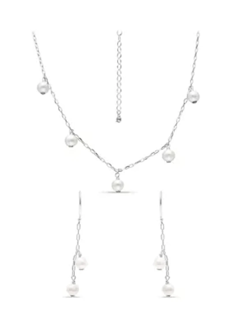 Fresh Water Pearl Paper Clip Chain Necklace and Drop Earrings, 2PC Set, Sterling Silver