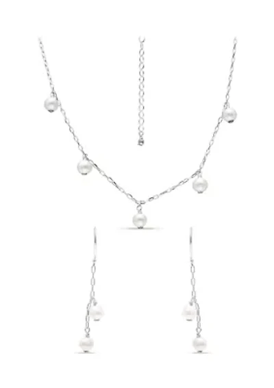 Fresh Water Pearl Paper Clip Chain Necklace and Drop Earrings, 2PC Set, Sterling Silver