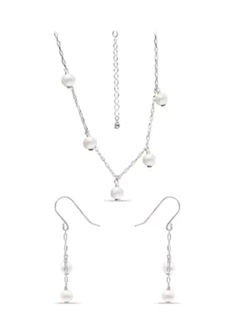 Fresh Water Pearl Paper Clip Chain Necklace and Drop Earrings, 2PC Set, Sterling Silver