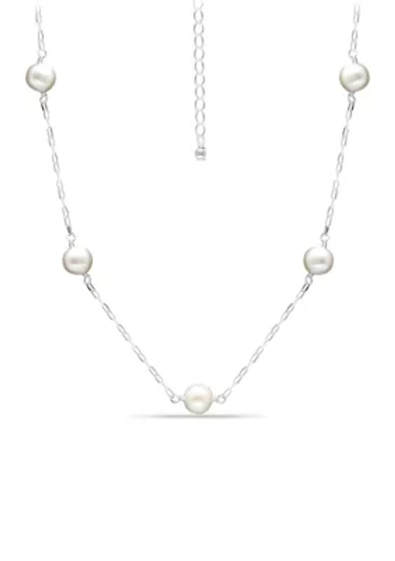 Fresh Water Pearl Station Paper Clip Chain Necklace, Sterling Silver