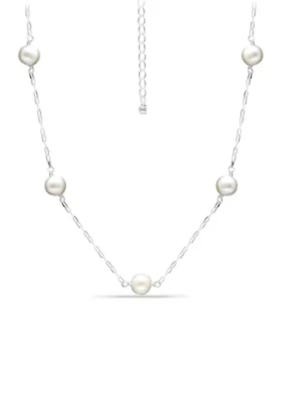 Fresh Water Pearl Station Paper Clip Chain Necklace, Sterling Silver