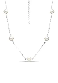 Fresh Water Pearl Station Paper Clip Chain Necklace, Sterling Silver