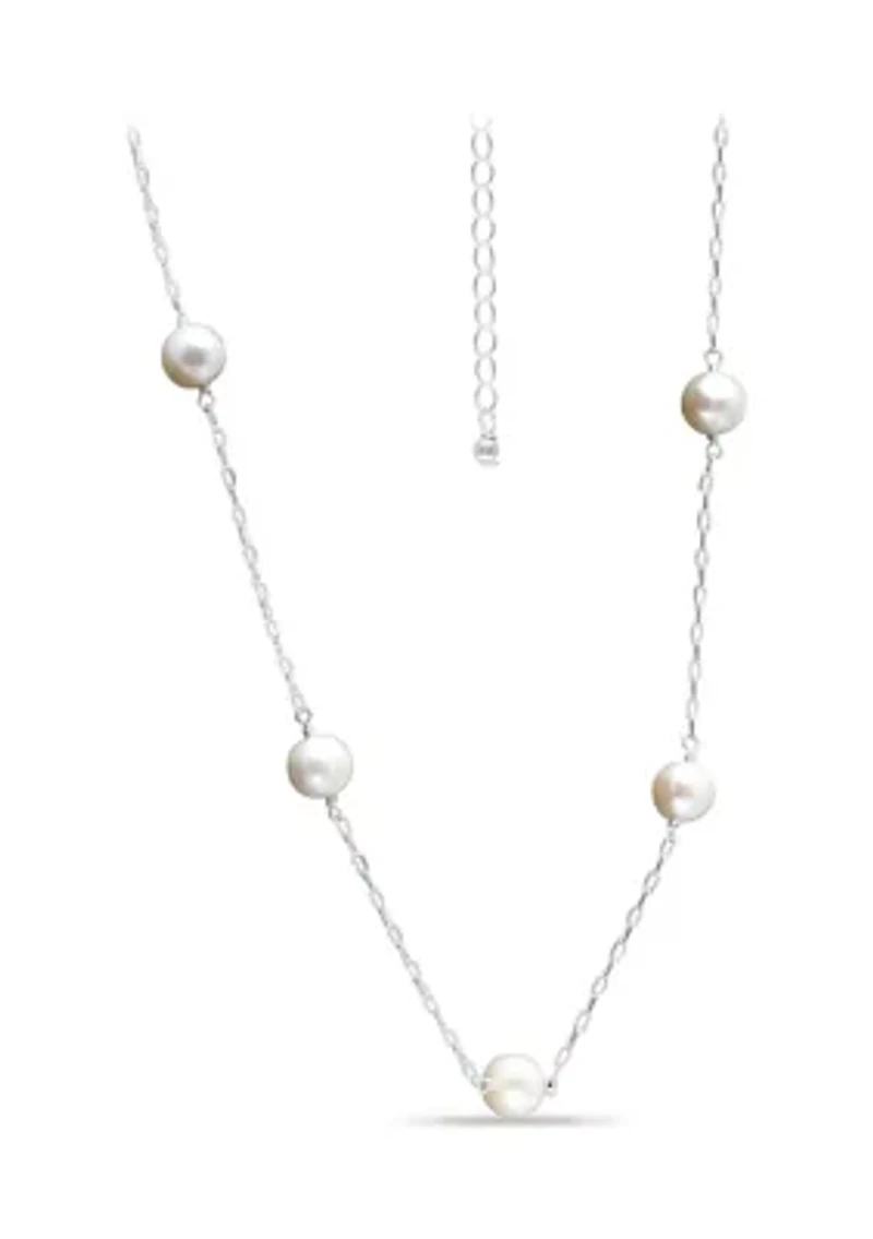 Fresh Water Pearl Station Paper Clip Chain Necklace, Sterling Silver