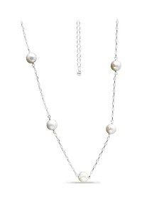 Fresh Water Pearl Station Paper Clip Chain Necklace, Sterling Silver
