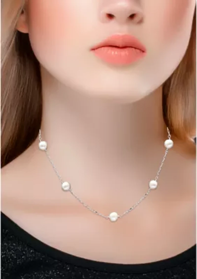 Fresh Water Pearl Station Paper Clip Chain Necklace, Sterling Silver