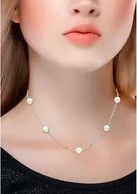 Fresh Water Pearl Station Paper Clip Chain Necklace, Sterling Silver