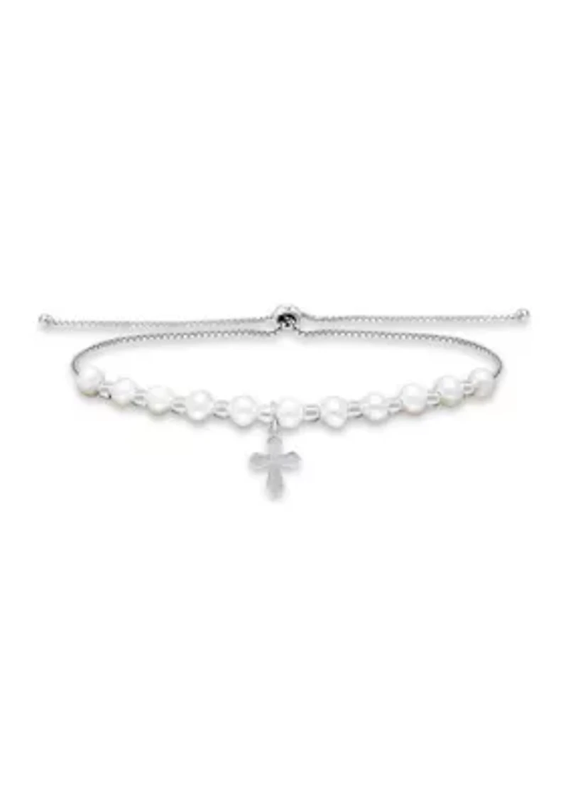 Fresh Water Pearl and Silver Bead Strand Bolo Bracelet with Cross Charm, Sterling Silver