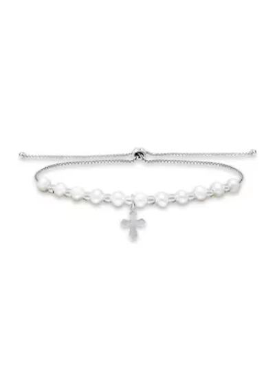 Fresh Water Pearl and Silver Bead Strand Bolo Bracelet with Cross Charm, Sterling Silver