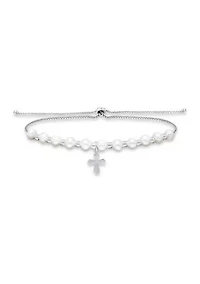 Fresh Water Pearl and Silver Bead Strand Bolo Bracelet with Cross Charm, Sterling Silver