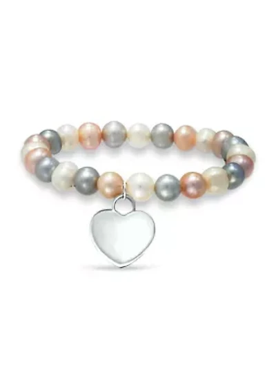Fresh Water Multi Color Pearl Heart Charm Bracelet in Sterling Silver