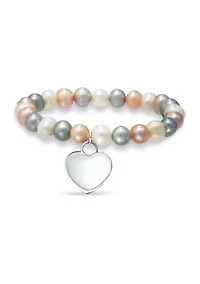 Fresh Water Multi Color Pearl Heart Charm Bracelet in Sterling Silver