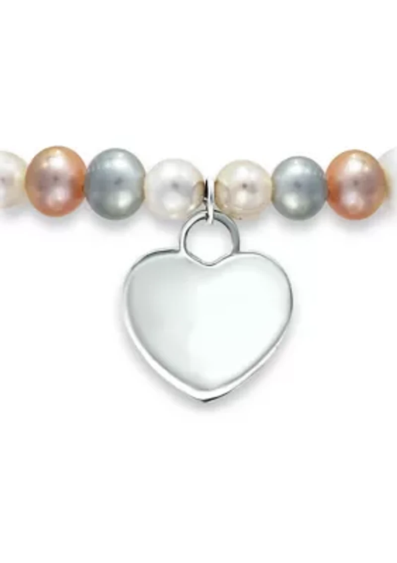Fresh Water Multi Color Pearl Heart Charm Bracelet in Sterling Silver