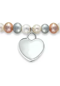 Fresh Water Multi Color Pearl Heart Charm Bracelet in Sterling Silver