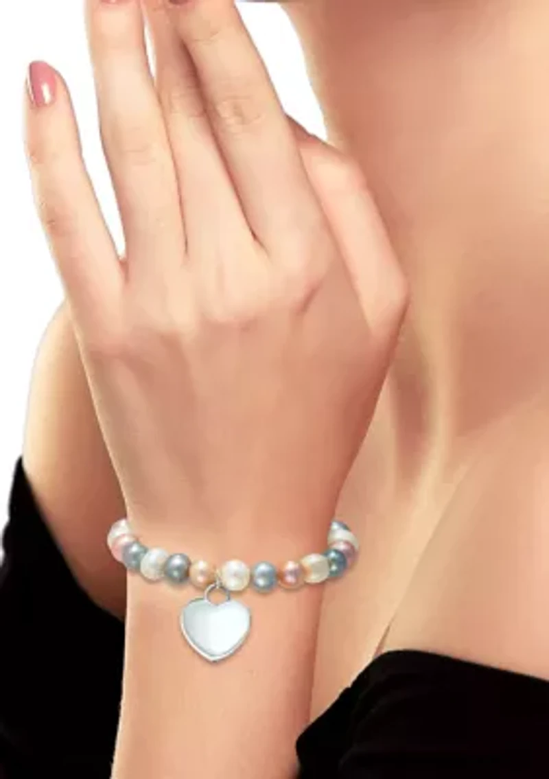 Fresh Water Multi Color Pearl Heart Charm Bracelet in Sterling Silver