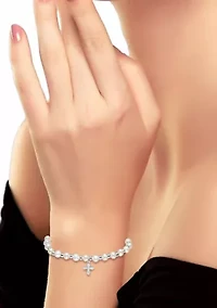 Fresh Water Pearl and Silver Bead Strand Stretch Bracelet with Cross Charm, Sterling Silver