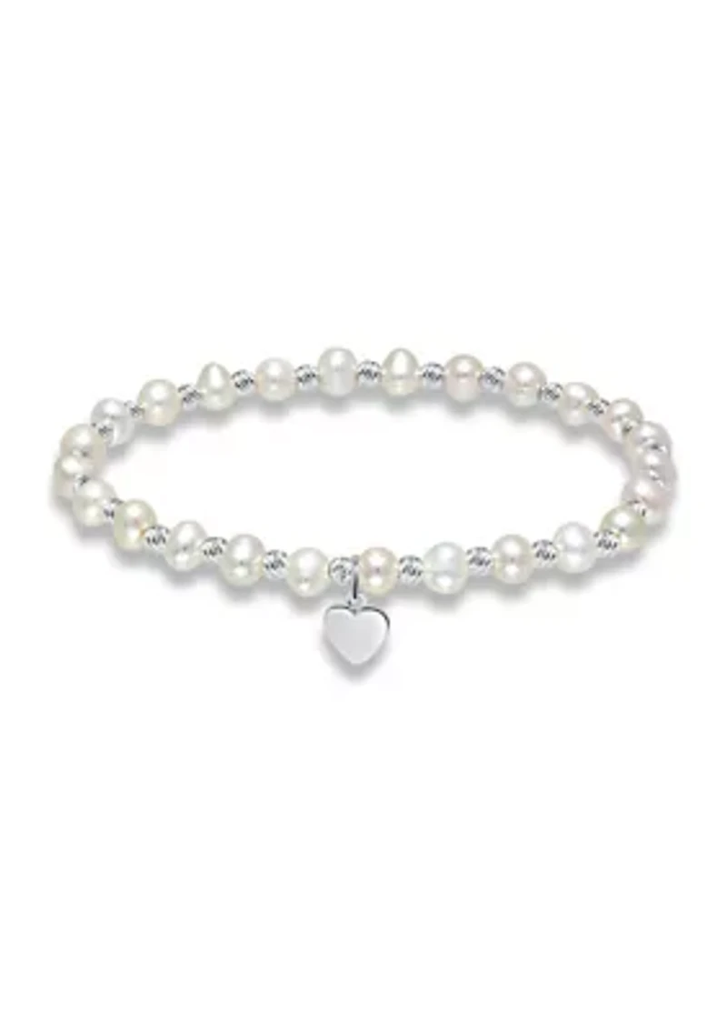 Fresh Water Pearl and Silver Bead Strand Stretch Bracelet with Heart Charm, Sterling Silver