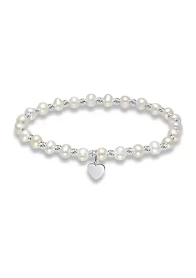 Fresh Water Pearl and Silver Bead Strand Stretch Bracelet with Heart Charm, Sterling Silver