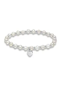 Fresh Water Pearl and Silver Bead Strand Stretch Bracelet with Heart Charm, Sterling Silver