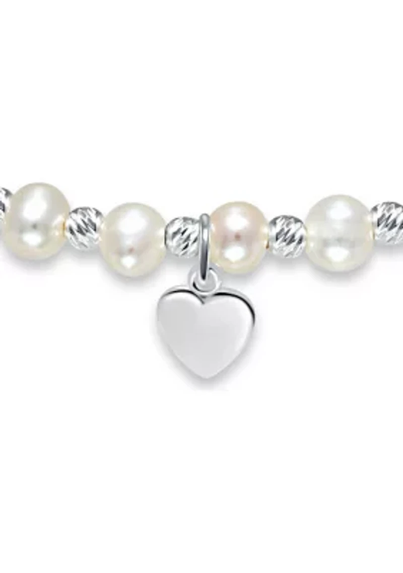 Fresh Water Pearl and Silver Bead Strand Stretch Bracelet with Heart Charm, Sterling Silver