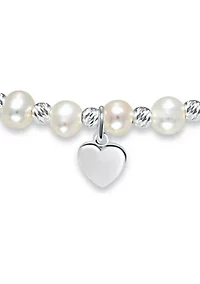 Fresh Water Pearl and Silver Bead Strand Stretch Bracelet with Heart Charm, Sterling Silver