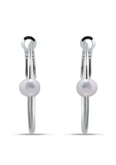 7mm Freshwater Pearl Station 2.5mmX30mm Oval Hoop Earrings. Sterling Silver