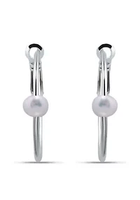 7mm Freshwater Pearl Station 2.5mmX30mm Oval Hoop Earrings. Sterling Silver