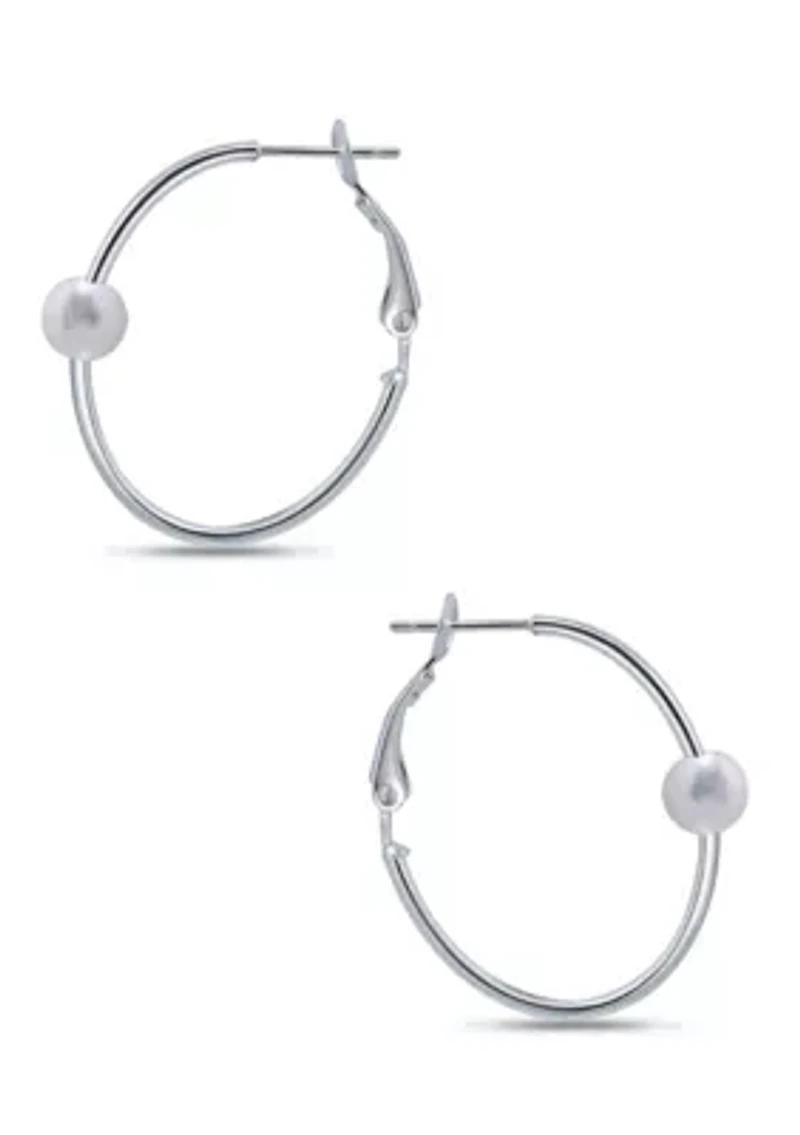 7mm Freshwater Pearl Station 2.5mmX30mm Oval Hoop Earrings. Sterling Silver