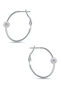 7mm Freshwater Pearl Station 2.5mmX30mm Oval Hoop Earrings. Sterling Silver