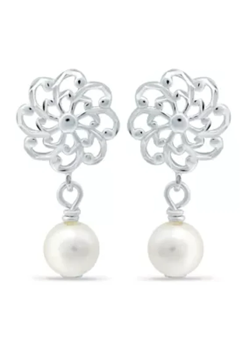 Freshwater Pearl and Diamond Cut Flower Drop Earrings in Sterling Silver