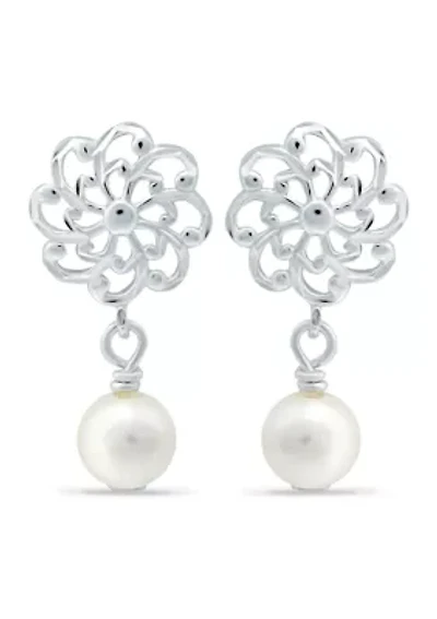 Freshwater Pearl and Diamond Cut Flower Drop Earrings in Sterling Silver