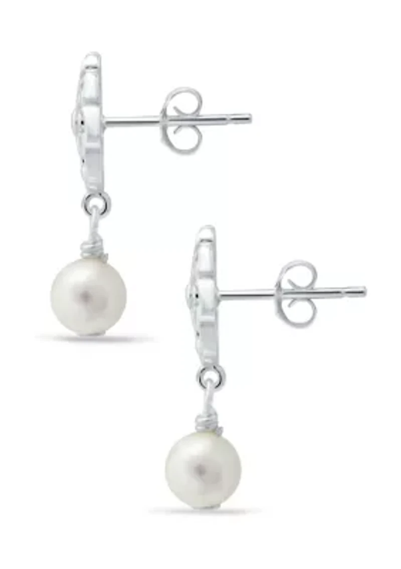 Freshwater Pearl and Diamond Cut Flower Drop Earrings in Sterling Silver
