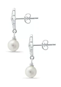 Freshwater Pearl and Diamond Cut Flower Drop Earrings in Sterling Silver