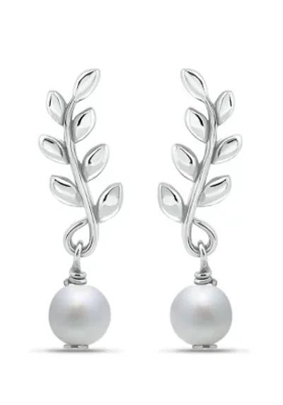 7mm Freshwater Pearl Leaf Drop Earrings, Sterling Silver