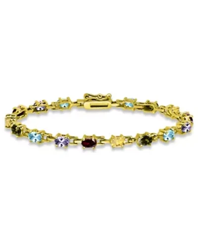 6 5/8 Cttw 6X4 Oval Blue Topaz, Peridot, Citrine, Garnet & Amethyst 16 Stone Link Bracelet, 18Kt Gold over Sterling Silver, DS