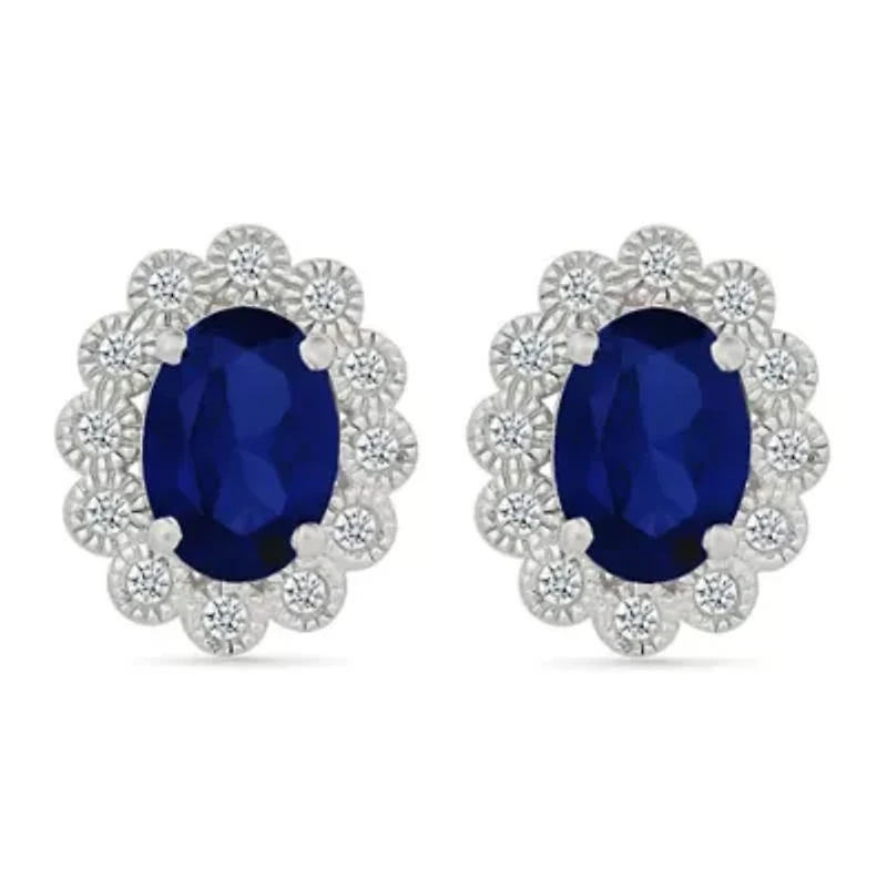 Lab Created Created Blue Sapphire and Created White Sapphire Oval Shape Stud Earring