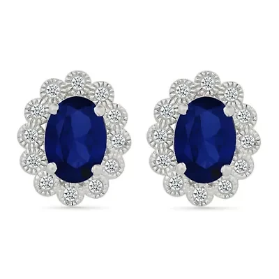 Lab Created Created Blue Sapphire and Created White Sapphire Oval Shape Stud Earring