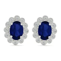 Lab Created Created Blue Sapphire and Created White Sapphire Oval Shape Stud Earring