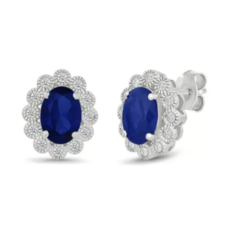 Lab Created Created Blue Sapphire and Created White Sapphire Oval Shape Stud Earring
