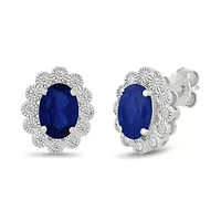 Lab Created Created Blue Sapphire and Created White Sapphire Oval Shape Stud Earring