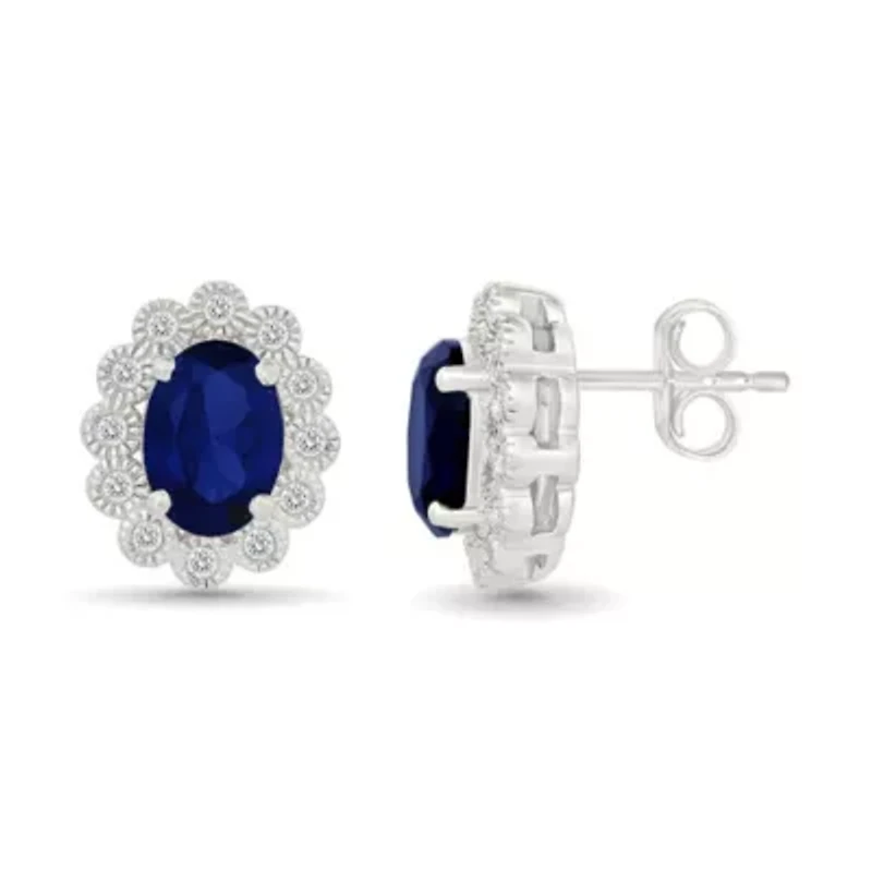 Lab Created Created Blue Sapphire and Created White Sapphire Oval Shape Stud Earring
